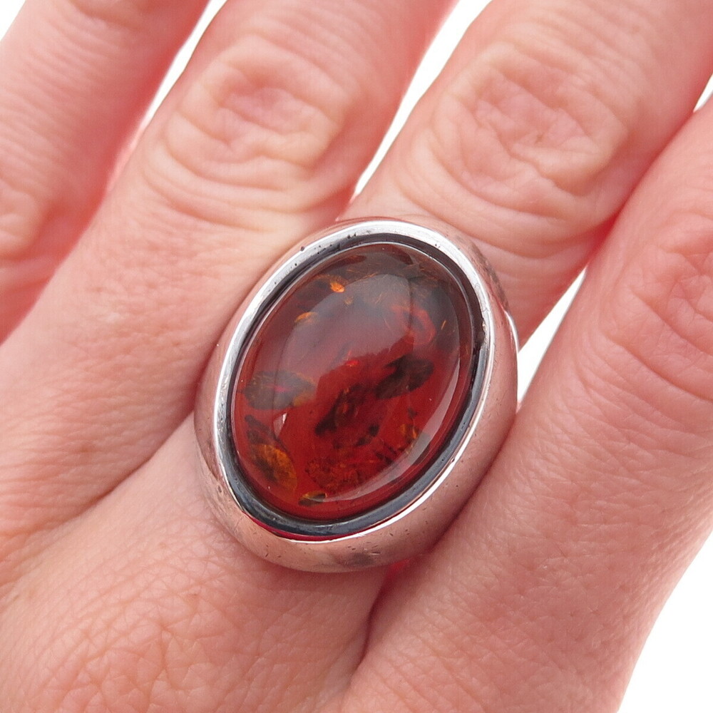 925 Sterling Silver Vintage Real Amber Modernist Oxidized Ring Size 9.25